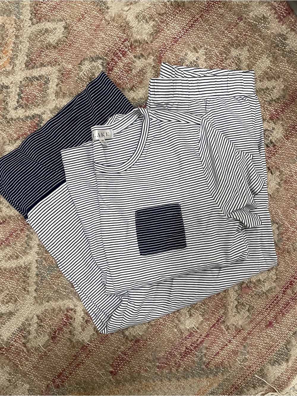 LAKE Pima Crew Wide Leg Pajama Set Navy Stripe Size M - Picture 4 of 5